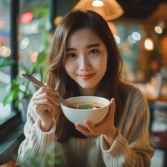 Portrait of asian woman holding a cup of soup at restaurant 