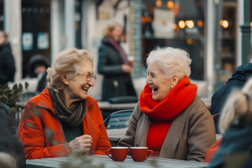 Senior women talking, laughing and having friends reunion at street cafe