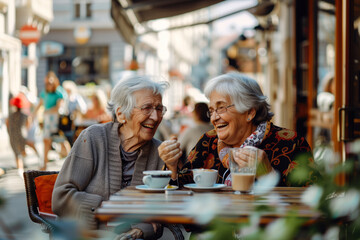 Senior women talking, laughing and having friends reunion at street cafe