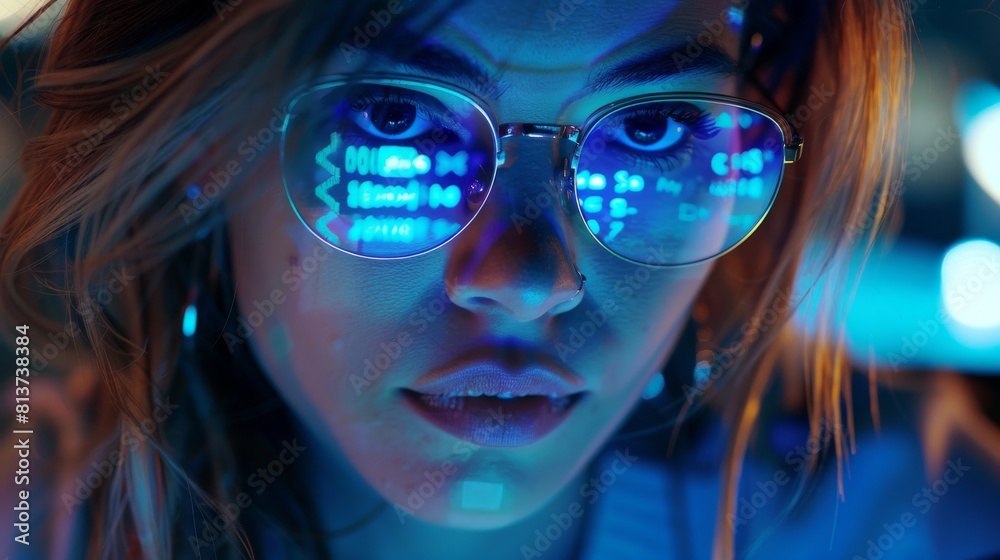 Poster image of a female digital entrepreneur sitting in front of a computer with a line of code on his fac