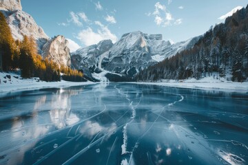 A beautiful snowy landscape with a large body of water - Powered by Adobe