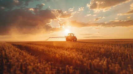 Fototapeta premium Tractor in Action Spraying Pesticides on a Soybean Field