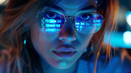 Image of a female digital entrepreneur sitting in front of a computer with a line of code on his face and reflecting in his glasses. She is working on an e-commerce app using artificial intelligence - Powered by Adobe