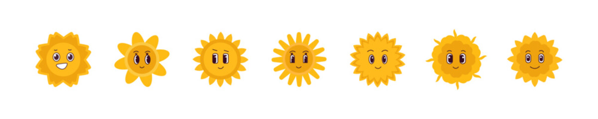 Set yellow happy sun with face. Isolated groovy Vector. Cute comic mascot symbols. Design graphic elements.