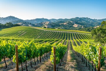 Rows of grapevines stretch through a California vineyard with mountains in the background
