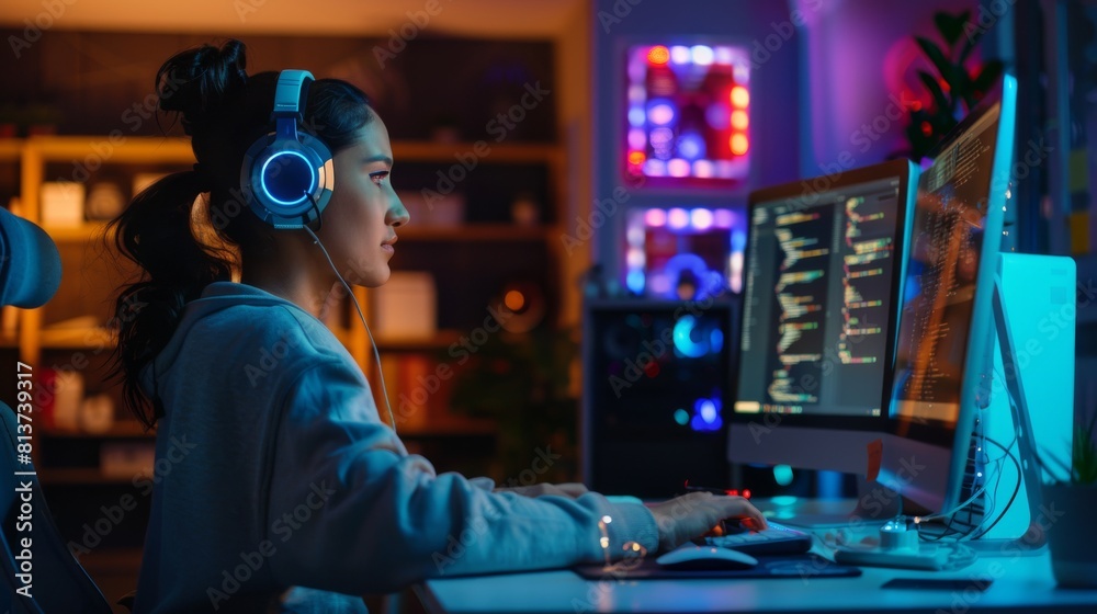 Poster hispanic female programmer listening to a podcast while working on a desktop computer. digital entre