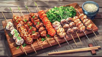 a depiction of a  (grilled skewers) platter arranged on a wooden serving board, with various skewers of chicken, vegetables, and mushrooms, accompanied by a side of tare sauce 