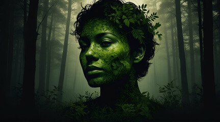 A HEAD OF WOMAN IN THE FOREST CONCEPT OF ENVIRONMENT.GENRATIVE.AI