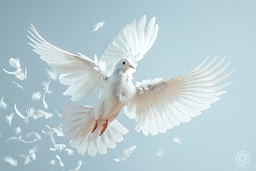 Fototapeta premium Peaceful white dove in the blue sky air with wings wide open