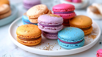 Macarons on a dotted plate with tea setting - An elegant presentation of macarons on a polka-dotted plate accompanied by tea, conveying a sophisticated and delightful teatime atmosphere