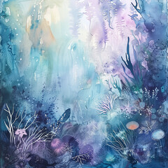 Abstract Underwater Scene in Watercolor, Cool Tones, Nature and Marine Life Representation