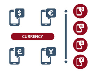 Currency icons. Dollar, euro, pound, pound sterling, yen, yuan, smartphone, mobile phone, mobile banking, e-commerce icon