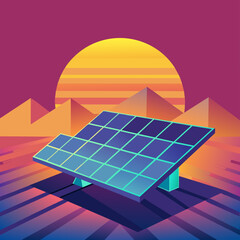 Solar energy panels. Renewable power generation technology. Eco-friendly electricity solution. Low poly vector illustration with 3D effect on sunset background.