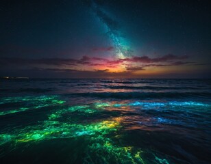 A spectacular display of bioluminescent plankton lighting up the night ocean with a dazzling array of colors