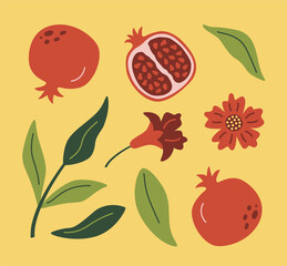 Modern abstract illustration pomegranate with leaves, branches and flowers. Fruit pattern. Vector design for card.