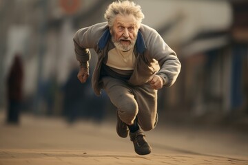 Dynamic image of an elderly man with an intense expression sprinting with determination