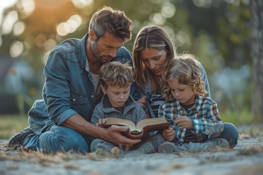 This touching image captures a family in a moment of prayerful reflection, kneeling together with an open Bible nearby. The scene radiates reverence, love, and unity as the family seeks spiritual guid