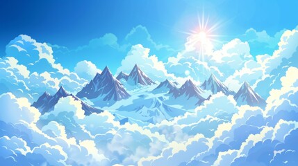 Cloudy mountain landscape with snowy peaks atop heavenly cloudscape. Bright sunlight flares flash in blue sky, frosty air in the background.