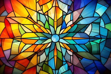 Vibrant mandala pattern with stained glass effect in primary colors for a captivating background