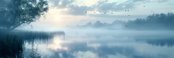 Misty Morning Serenity: Dreamlike Atmosphere Over a Tranquil Lake   Photo Realistic Concept