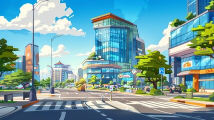 The cartoon graphic depicts a modern cityscape featuring a glass skyscraper with a tower, a road intersection with a crosswalk, and a bridge overpass. The graphic depicts business architecture or a