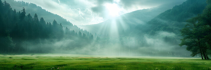 Mystical Alpine Meadows: A Photo Realistic View of a Misty Morning with Emerging Sunlight Shrouded in Fog