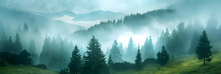 Mystical Morning: Tranquil Alpine Meadows Enveloped in Fog with Emerging Sunlight   Photo Realistic Concept