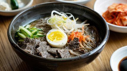 an image of a bowl of cold and refreshing naengmyeon (cold buckwheat noodles) served in a chilled broth on a wooden table, topped with thinly sliced beef, pickled radish, and a hard-boiled egg.