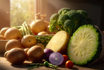 Fresh vegetables on the kitchen table, close-up. Generative AI.