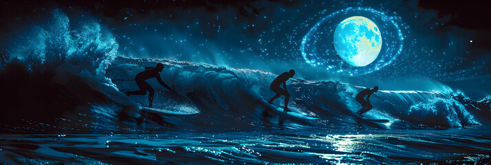 Moonlit Bioluminescent Surfing: Surfers Ride Glowing Waves under the Moonlit Sky