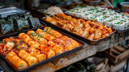 Obraz premium an image of a colorful array of Korean street food displayed on a wooden cart, including (spicy rice cakes),and capturing the vibrant atmosphere 