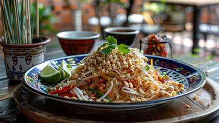 an image of a colorful plate of Pad Thai served on a wooden platter, garnished with crushed...