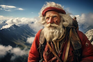 Elderly, bearded man in explorer attire looks thoughtfully at the camera against a backdrop of mountaintops and clouds - Powered by Adobe