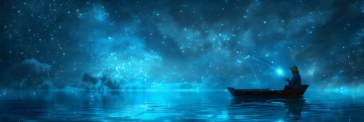 Captivating Bioluminescent Night Fishing: Fisherman Enjoying Unique Experience in Glowing Waters   Photo Realistic Concept