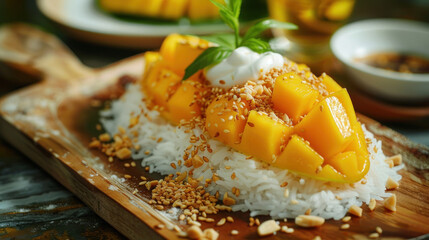 an image of a platter of Thai mango sticky rice served on a wooden board, featuring sweet and juicy slices of ripe mango served with sticky coconut rice, topped with coconut cream  - Powered by Adobe