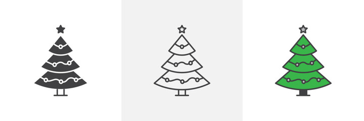 Christmas Tree vector icon set. Festive evergreen tree symbol. Seasonal decoration icon.