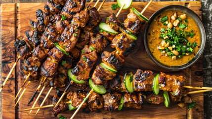 an image of a platter of Thai satay skewers arranged on a wooden serving board, featuring grilled...