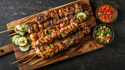 an image of a platter of Thai satay skewers arranged on a wooden serving board, featuring grilled chicken, beef, or tofu marinated in a blend of Thai spices, served with peanut sauce 