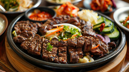 an image of a sizzling plate of bulgogi (marinated grilled beef) served on a wooden platter, accompanied by a colorful array of banchan (side dishes) such as kimchi, pickled radishes, 