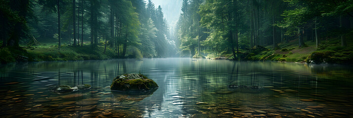 Tranquil River Reflections: A Photorealistic Depiction of Old Growth Forest Trees Mirrored in Still Waters
