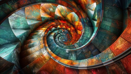 Striking spiraling abstract fractal vortex energy formation rendered in warm orange and cool teal shades with intricate repeating shapes revealing an otherworldly dimensional portal.