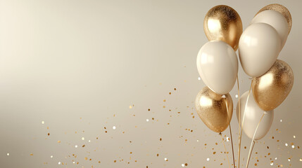 Christmas and New Year background with fir branches, golden balls, stars and gift box.