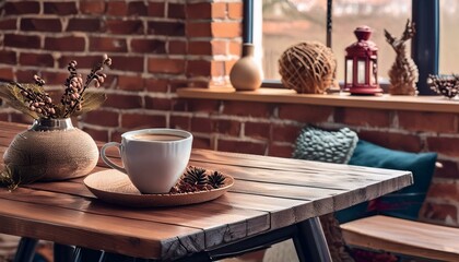 Wooden table with cup of coffee and home decor in room near brick wall,cup, coffee, drink, tea, white, breakfast, beverage, table, 