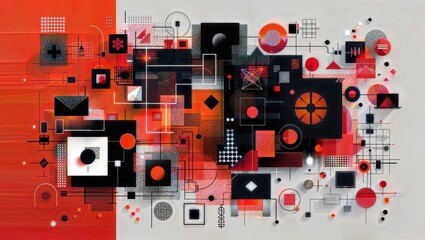 Bold abstract geometric digital art composition with red, black, and white shapes, circles, squares, lines, and grid patterns forming a dynamic, structured, yet chaotic arrangement.
