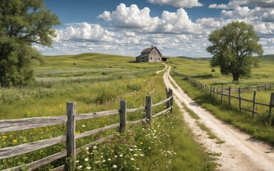 Rural landscape with farmhouse and wildflowers