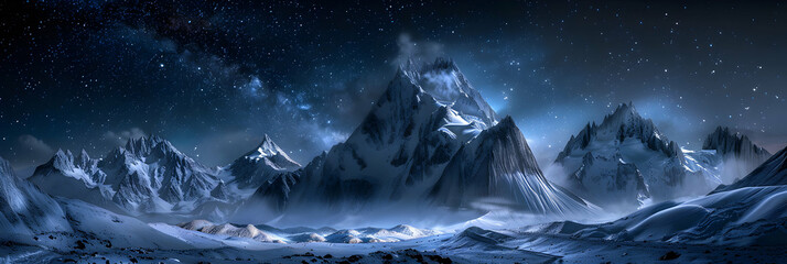 Snow Capped Mountains Under Starry Skies: A Breathtaking Nocturnal Landscape where Snow Meets the Cosmos