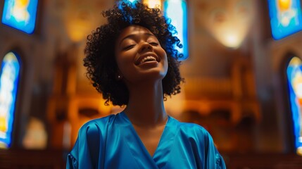 Singing in Sunday Church, Bringing Peace, Hope, Love of Christ. Black Christian Female Gospel...