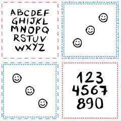 Hand-drawn vector frame. Alphabet from A to Z, smiling emoji. Resources for graphic design, creative pieces for social media. ABC, handwritten typography, numbers and letters.