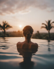 Portrait of woman in infinity pool in Bali, sunset view
