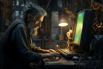 Fototapeta premium Senior man with a beard focuses intently on a computer screen in a dimly lit, cluttered workshop
